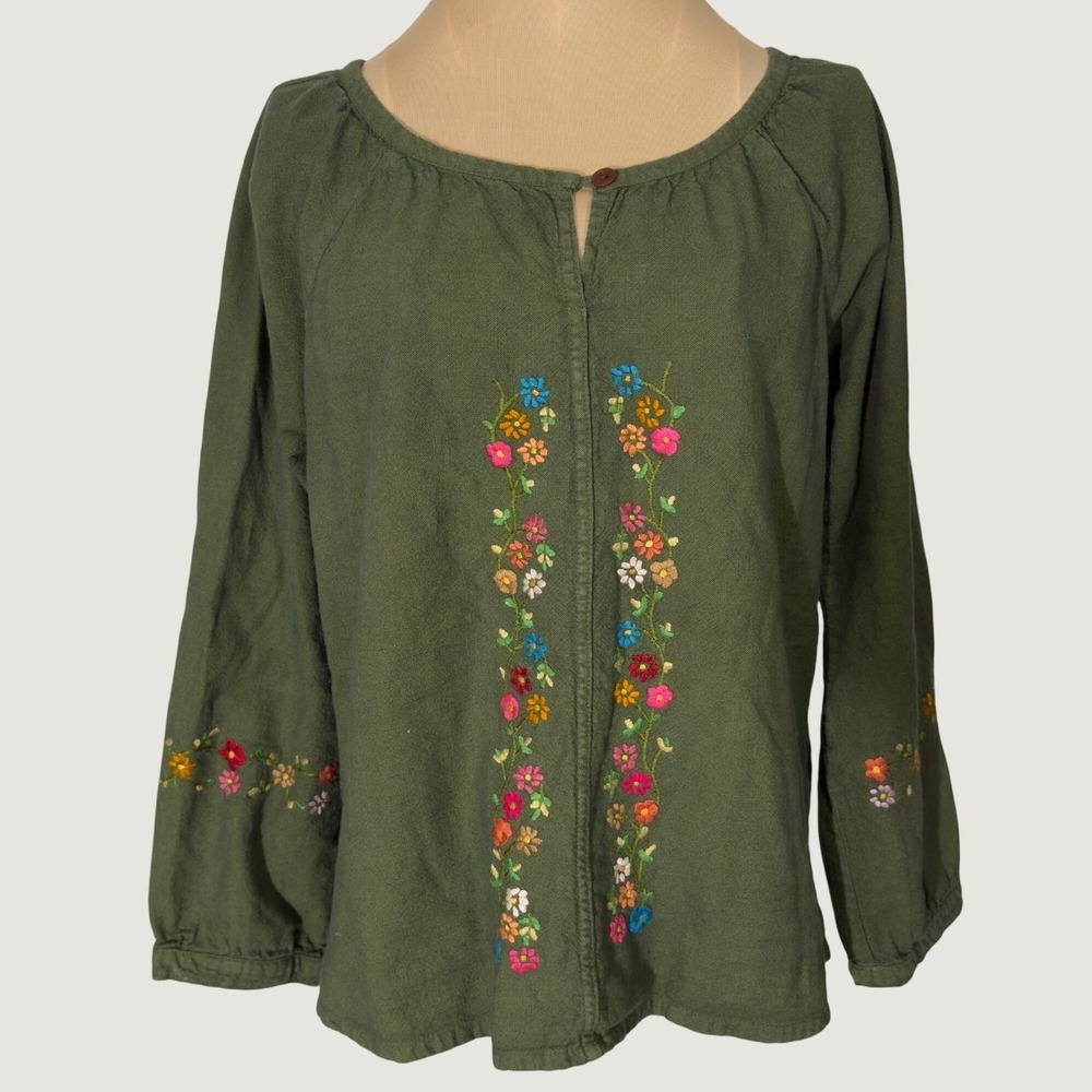 3346 | Guatemala Embroidered Floral Peasant Blouse Green Womens S Boho Artisan